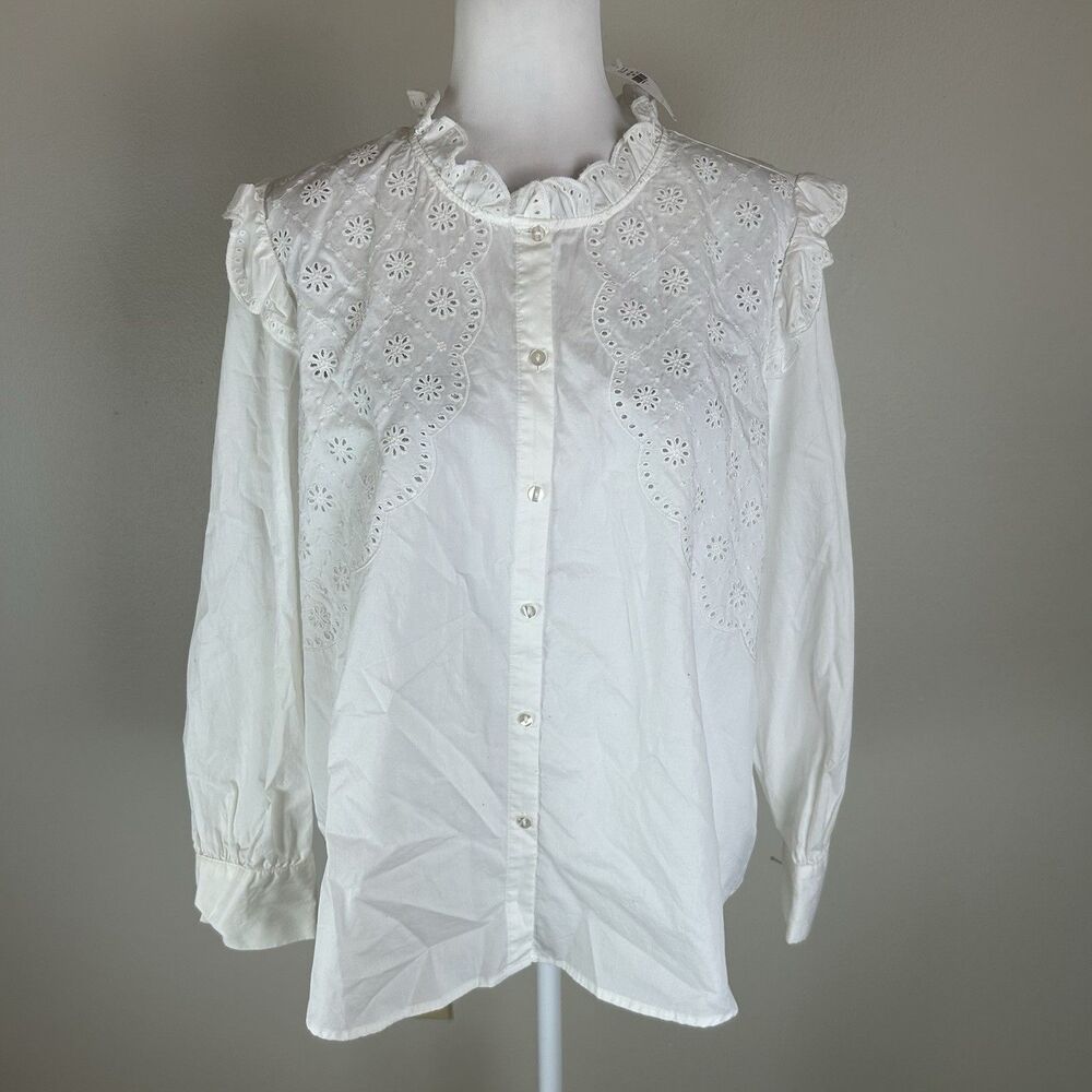 Old Navy L Top Blouse White Peter Pan Collar Poet Embroidered Shirt Long Sleeve